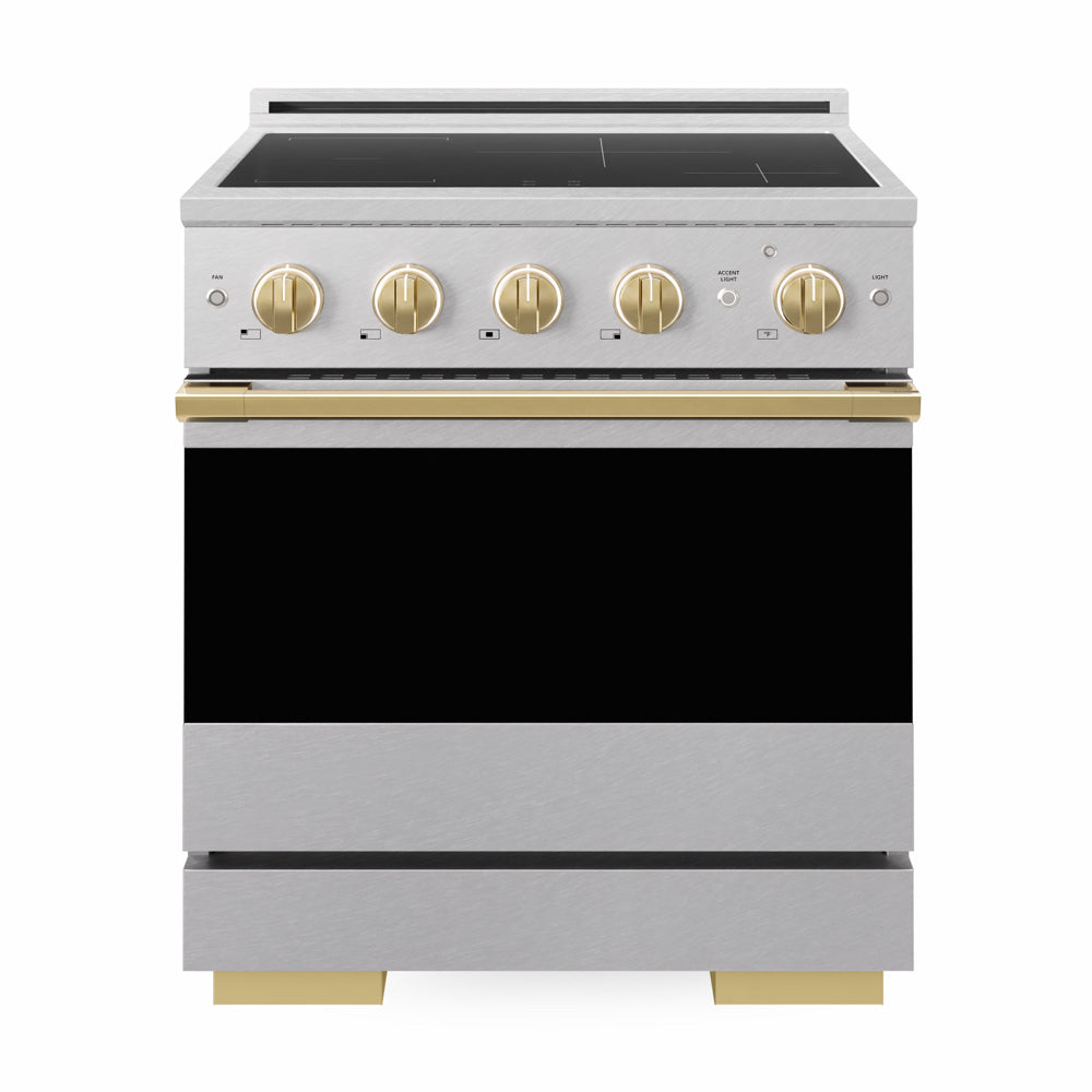 ZLINE Autograph Edition Marino 30-inch range in satin stainless steel and polished gold accents MINRSZ-30-G, front view