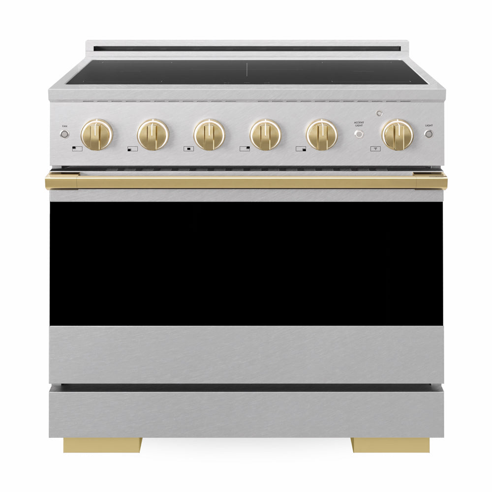 ZLINE Autograph Edition Marino 36-inch range in satin stainless steel and polished gold accents MINRSZ-36-G, front view