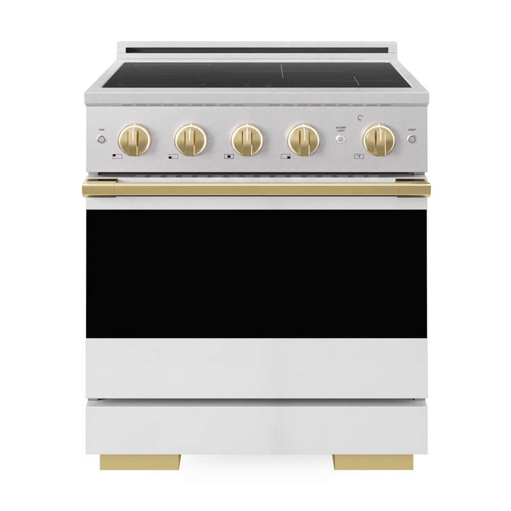 ZLINE Autograph Edition Marino 30-inch range in satin stainless steel with white matte door and polished gold accents MINRSZ-WM-30-G, front view