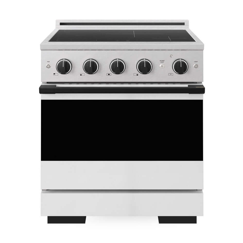 ZLINE Autograph Edition Marino 30-inch range in satin stainless steel with white matte door and matte black accents MINRSZ-WM-30-MB, front view