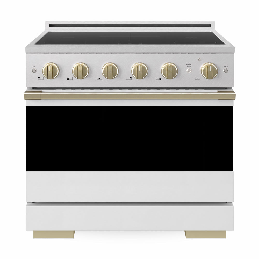 ZLINE Autograph Edition Marino 36-inch range in satin stainless steel with white matte door and champagne bronze accents MINRSZ-WM-36-CB, front view