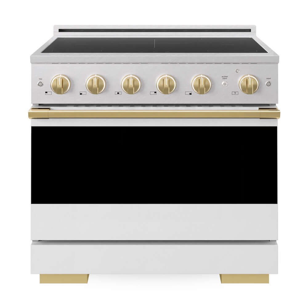 ZLINE Autograph Edition Marino 36-inch range in satin stainless steel with white matte door and polished gold accents MINRSZ-WM-36-G, front view