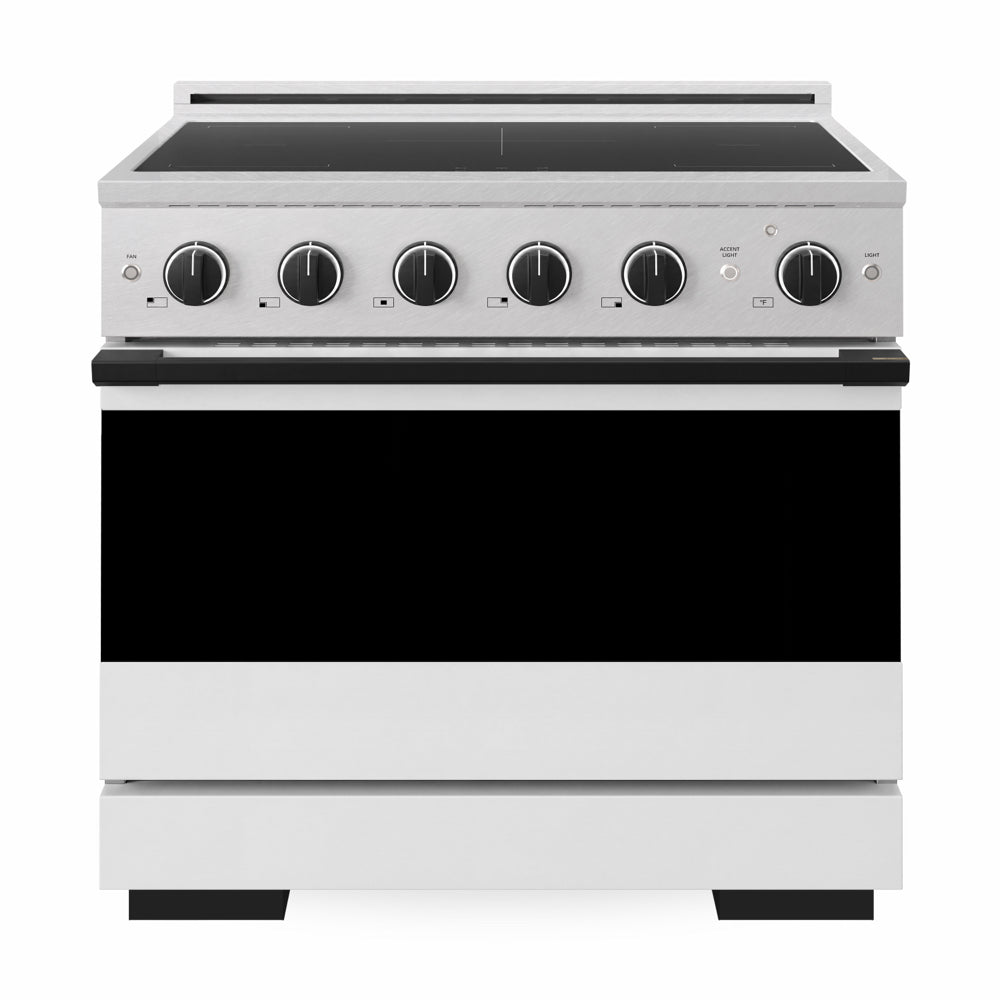 ZLINE Autograph Edition Marino 36-inch range in satin stainless steel with white matte door and matte black accents MINRSZ-WM-36-MB, front view
