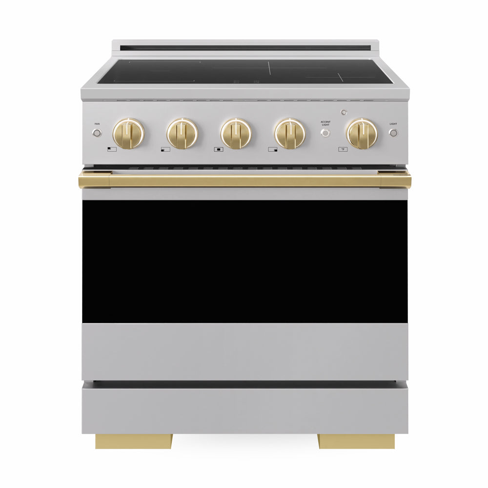 ZLINE Autograph Edition Marino 30-inch range in stainless steel and polished gold accents MINRZ-30-G, front view