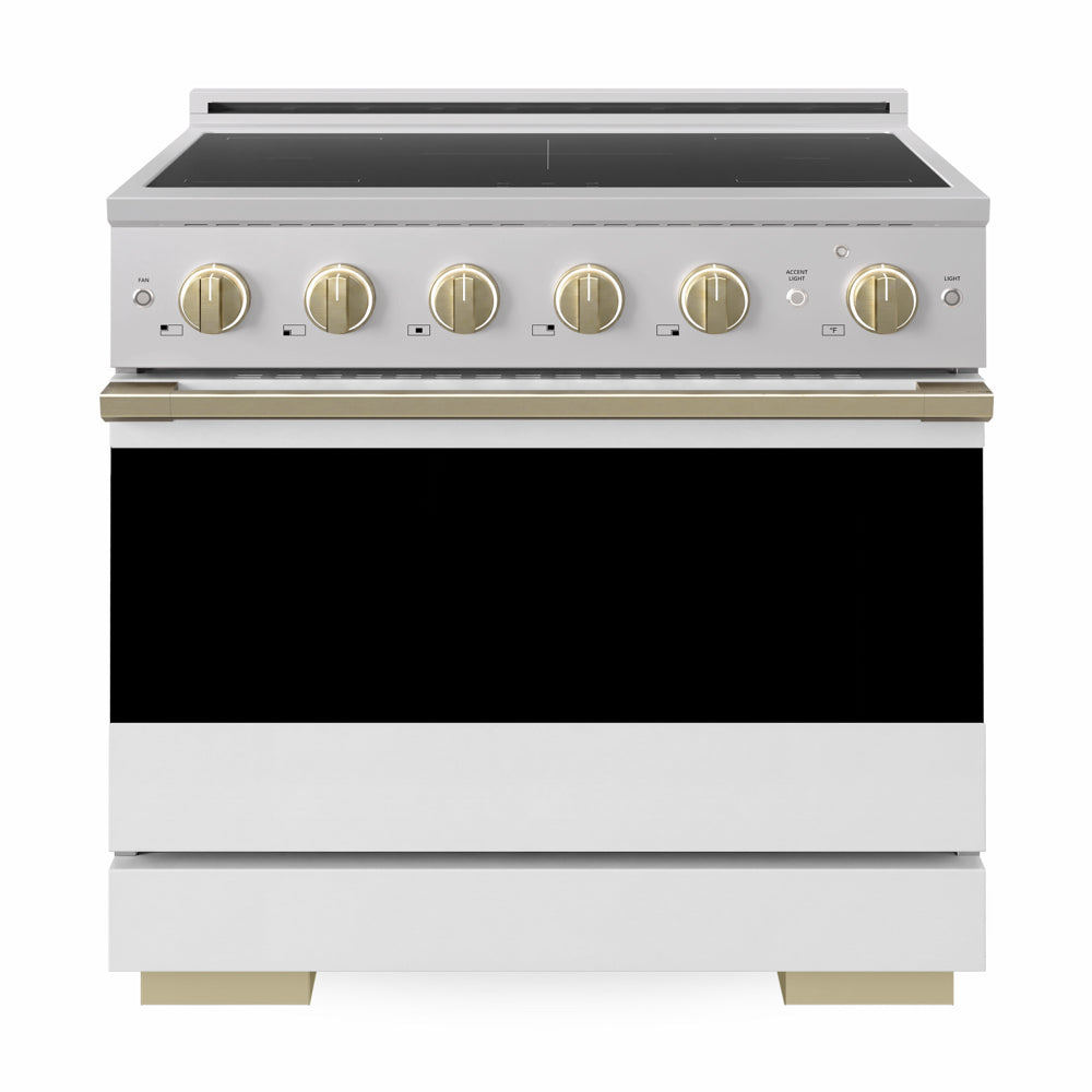 ZLINE Autograph Edition Marino 36-inch range in stainless steel with white matte door and champagne bronze accents MINRZ-WM-36-CB, front view