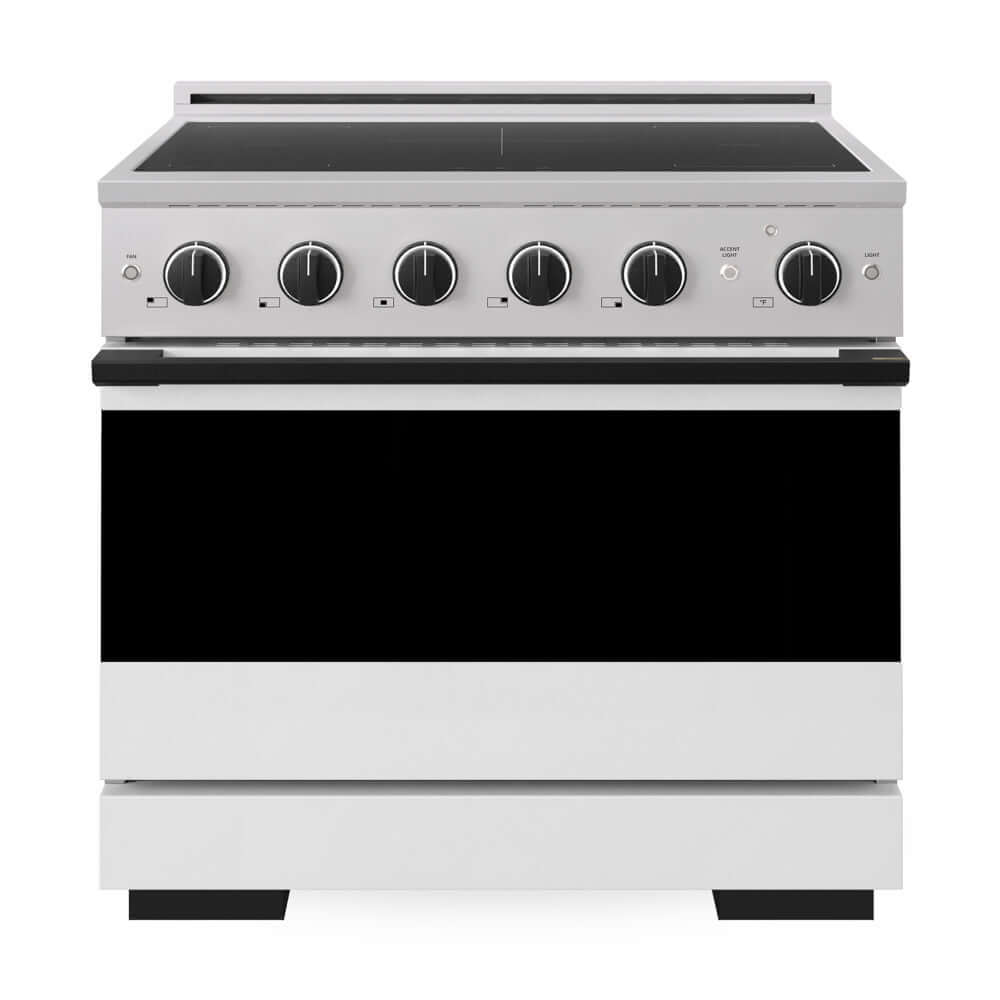ZLINE Autograph Edition Marino 36-inch range in stainless steel with white matte door and matte black accents MINRZ-WM-36-MB, front view
