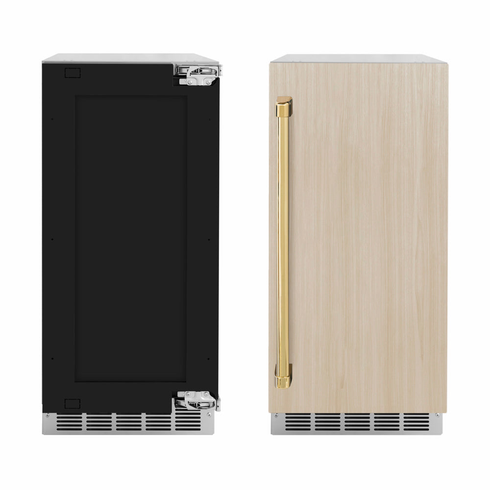ZLINE Autograph Edition Touchstone 15-inch ice maker, panel ready and polished gold accents INGDPZ-15-G, front view