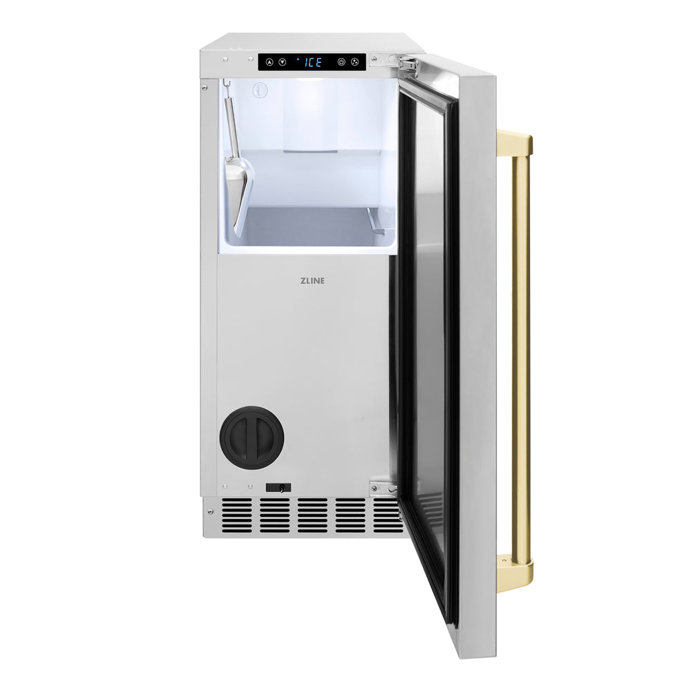 ZLINE Autograph Edition Touchstone 15-inch ice maker in stainless steel and champagne bronze accents INGDZ-ST-15-CB, front view