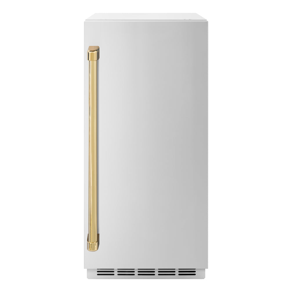 ZLINE Autograph Edition Touchstone 15-inch ice maker in stainless steel and polished gold accents INGDZ-ST-15-G