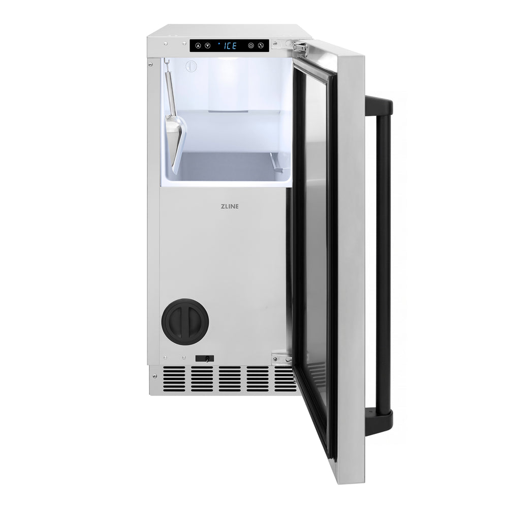 ZLINE Autograph Edition Touchstone 15-inch ice maker in stainless steel and matte black accents INGDZ-ST-15-MB, front view