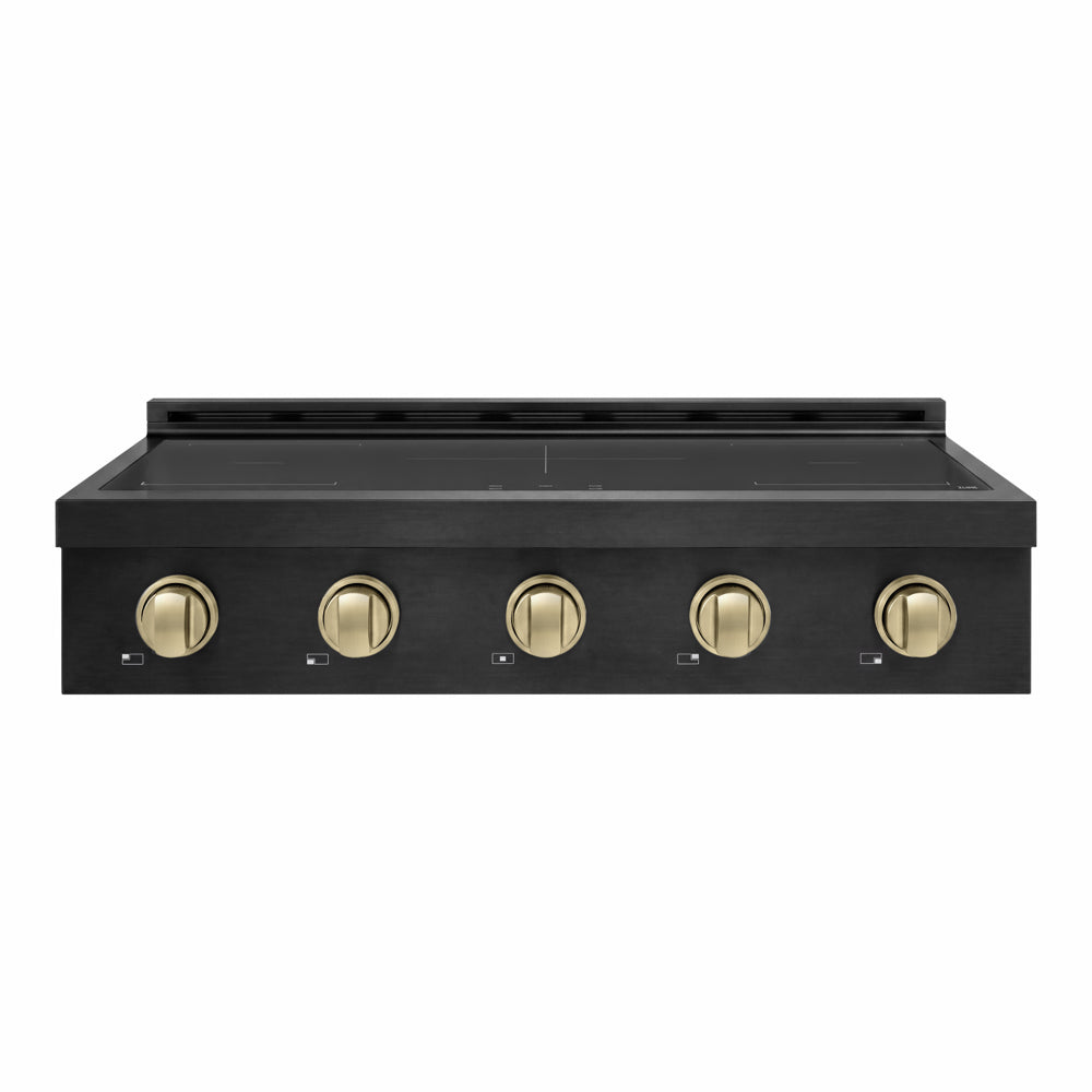 ZLINE Autograph Edition Paramount 36-inch rangetop in black stainless steel and champagne bronze accents SINRTBZ-36-CB, front view
