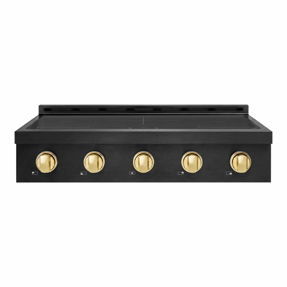 ZLINE Autograph Edition Paramount 36-inch rangetop in black stainless steel and polished gold accents SINRTBZ-36-G, front view