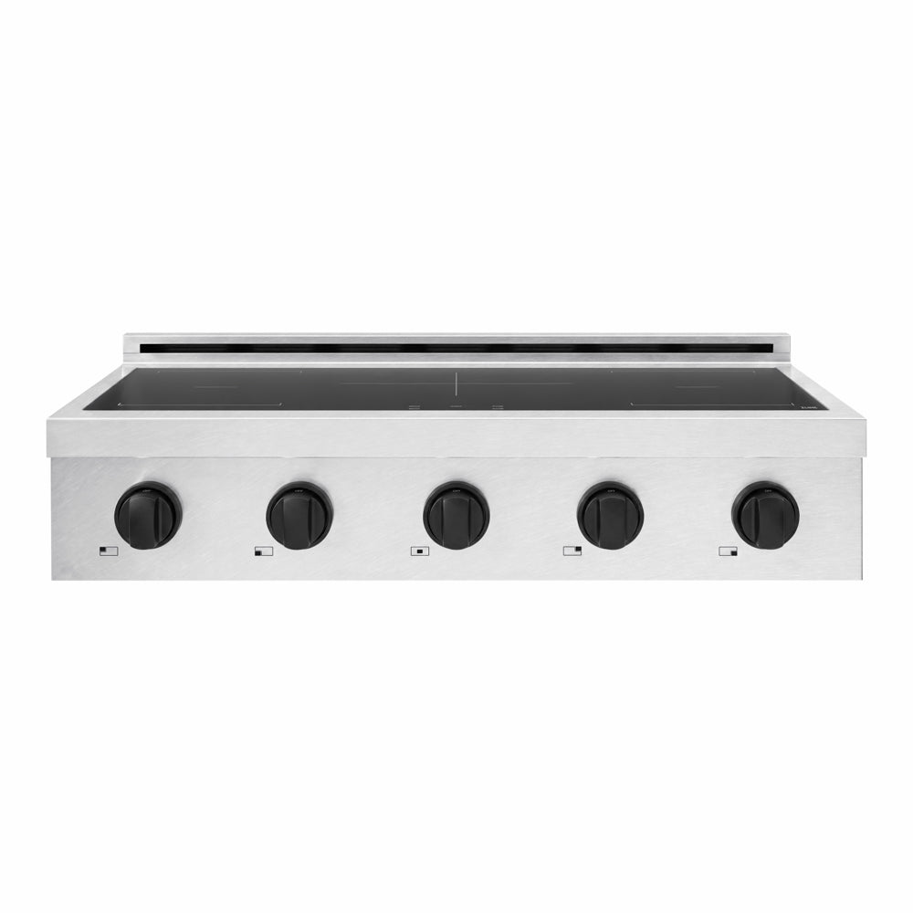 ZLINE Autograph Edition Paramount 36-inch rangetop in satin stainless steel and matte black accents SINRTSZ-36-MB, front view
