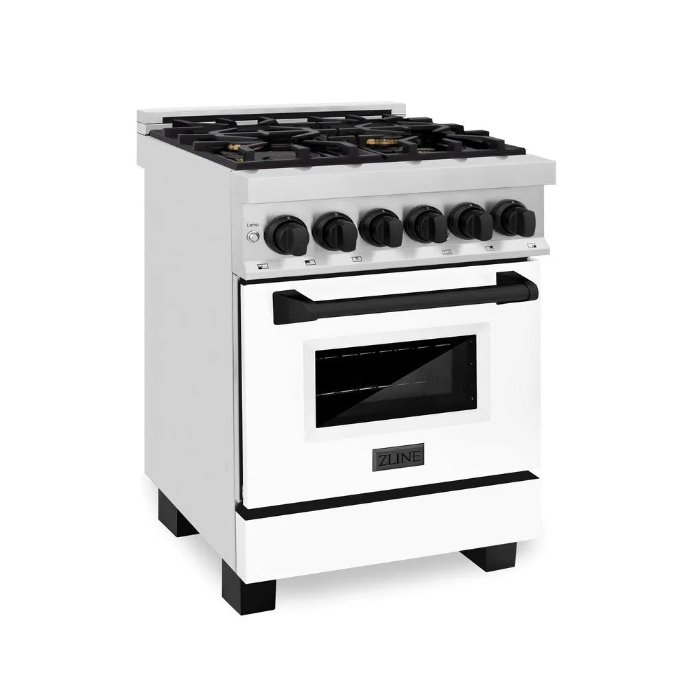 ZLINE Autograph Edition Legacy 24-inch range in stainless steel with white matte door and matte black accents RAZ-WM-24-MB