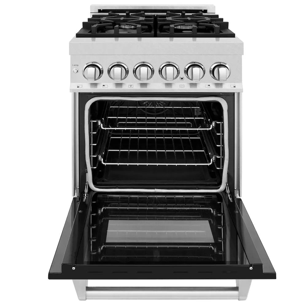 ZLINE Legacy 24-inch range in satin stainless steel with black matte door RAS-BLM-24, front view