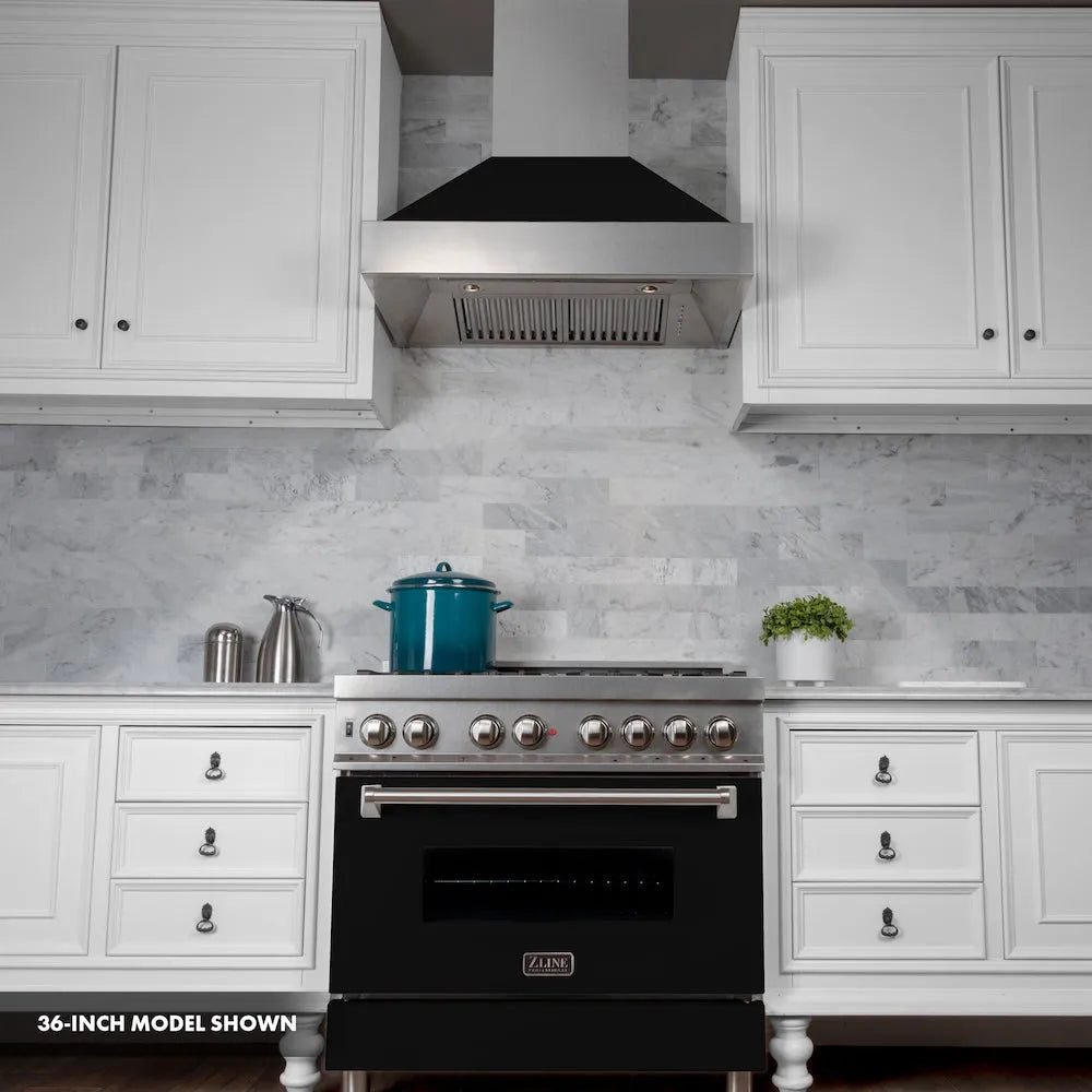 ZLINE Legacy 30-inch range in satin stainless steel with black matte door RAS-BLM-30, front view