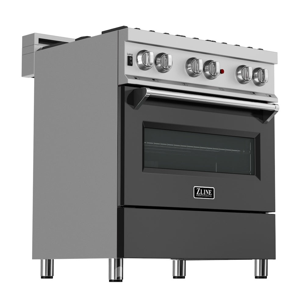 ZLINE Legacy 30-inch range in satin stainless steel with black matte door RAS-BLM-30, side view
