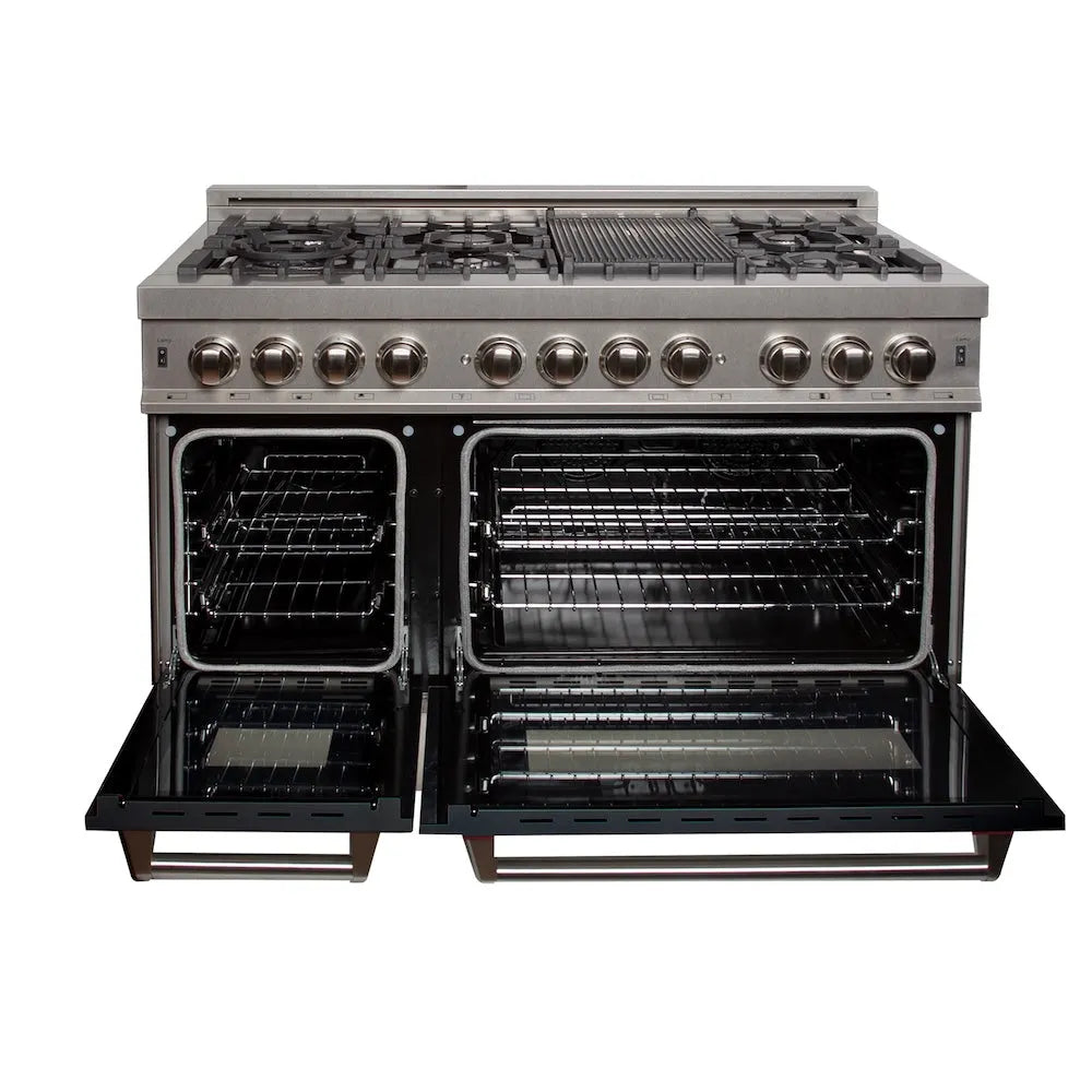 ZLINE Legacy 48-inch range in satin stainless steel with black matte door RAS-BLM-48, front view
