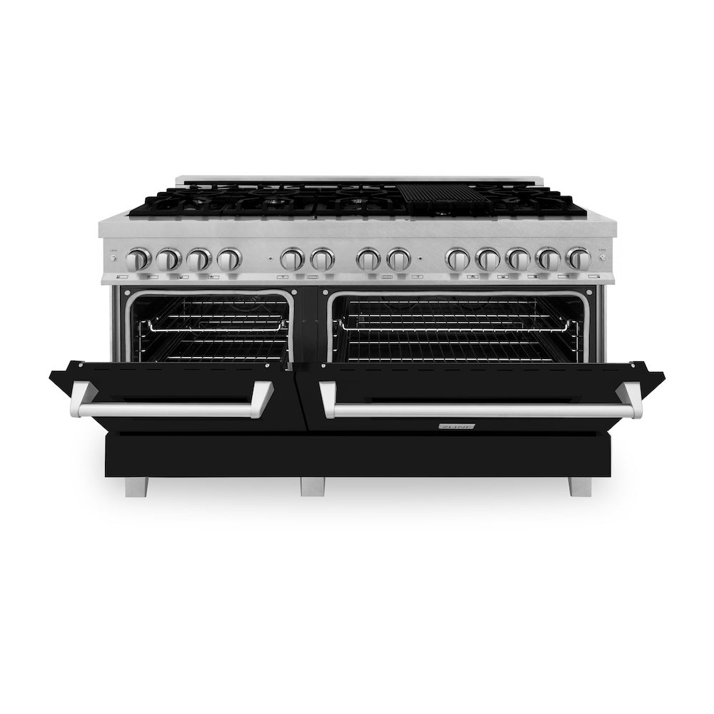ZLINE Legacy 60-inch range in satin stainless steel with black matte door RAS-BLM-60, front view