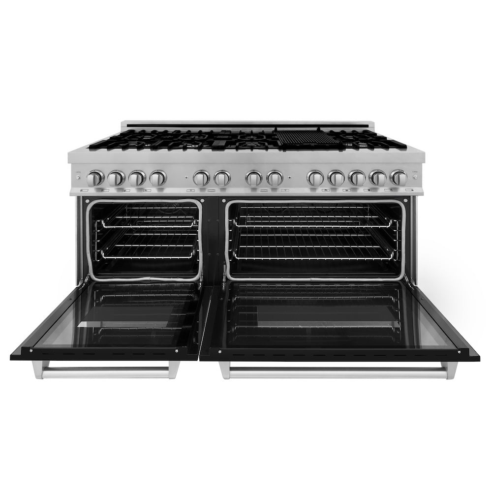 ZLINE Legacy 60-inch range in satin stainless steel with black matte door RAS-BLM-60, front view