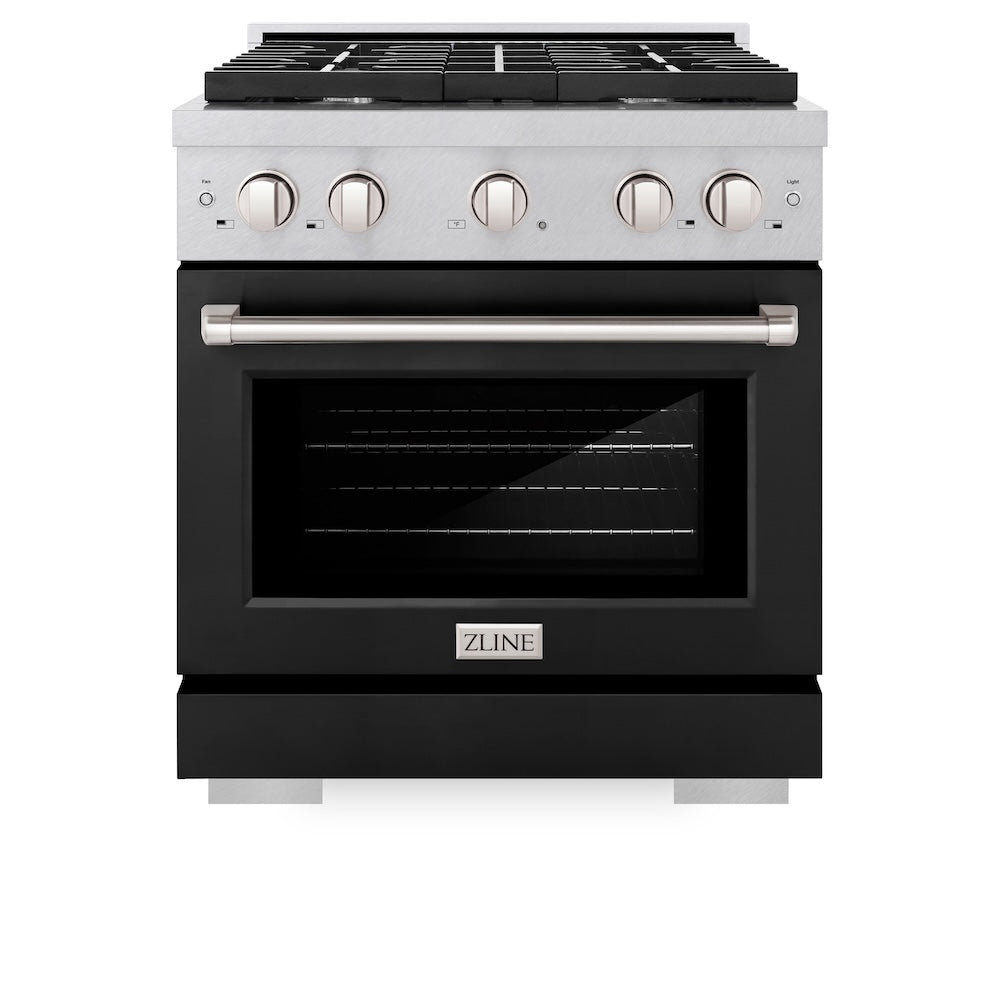 ZLINE Paramount 30-inch range in satin stainless steel with black matte door SDRS-BLM-30, front view