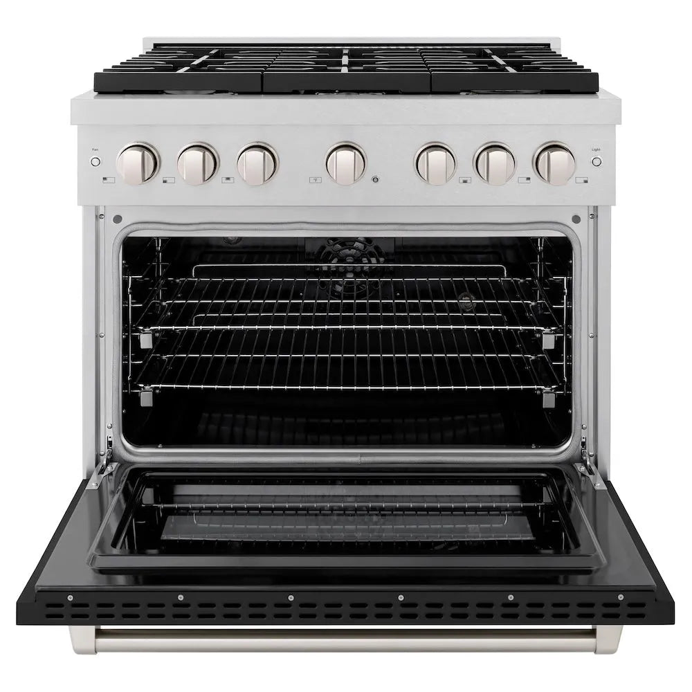 ZLINE Paramount 36-inch range in satin stainless steel with black matte door SDRS-BLM-36, front view