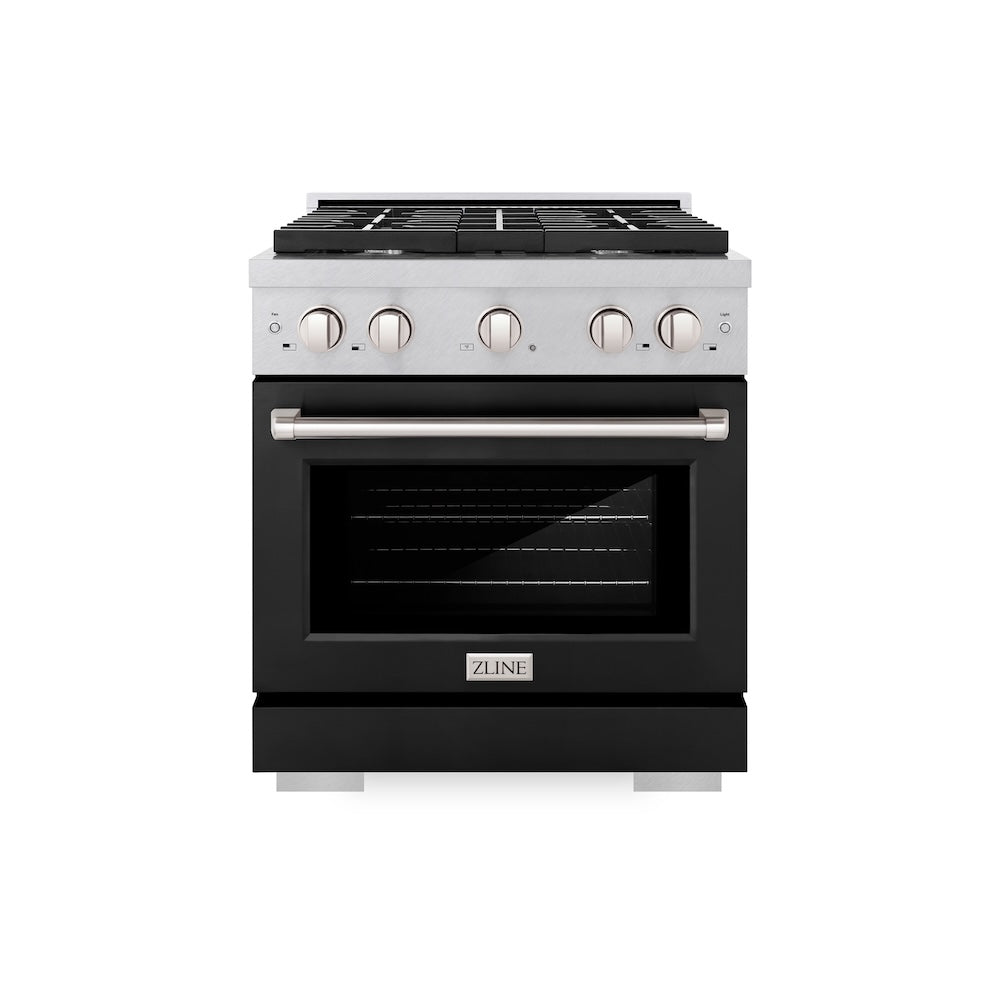 ZLINE Paramount 30-inch range in satin stainless steel with black matte door SGRS-BLM-30, front view