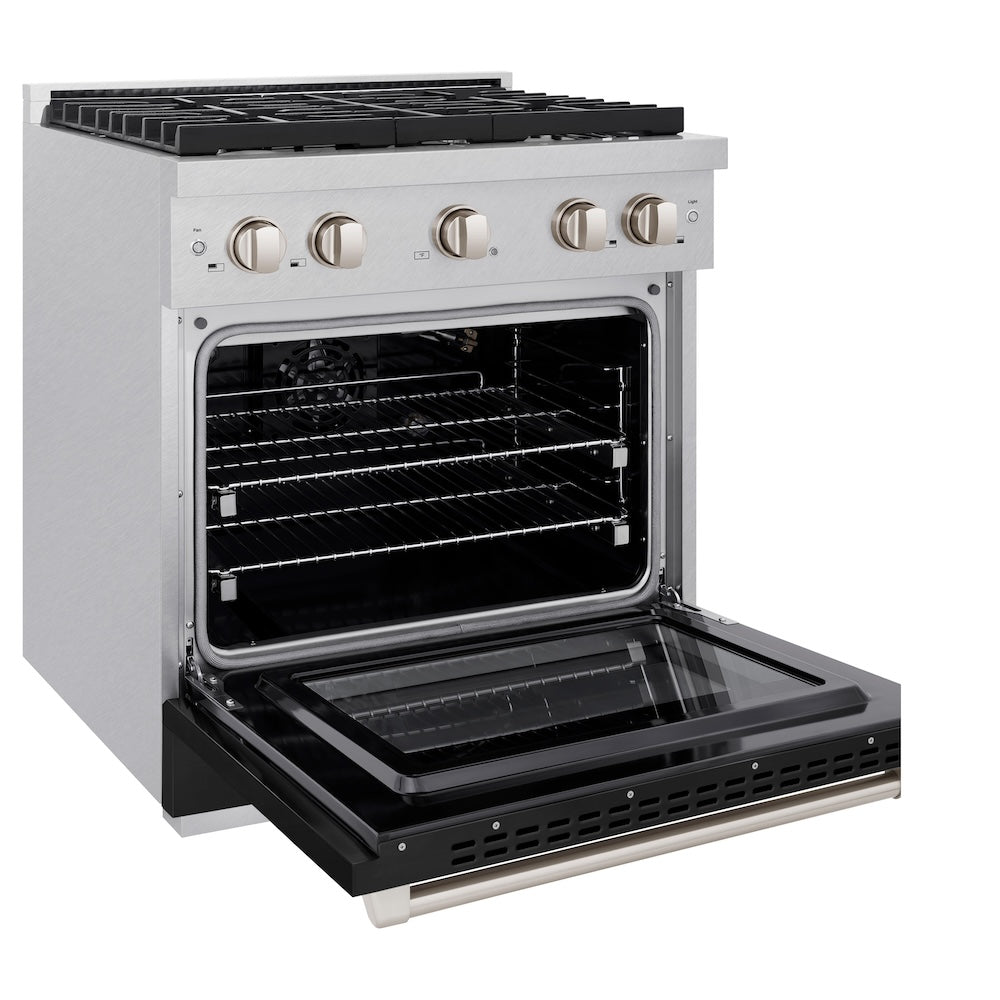 ZLINE Paramount 30-inch range in satin stainless steel with black matte door SGRS-BLM-30, door open