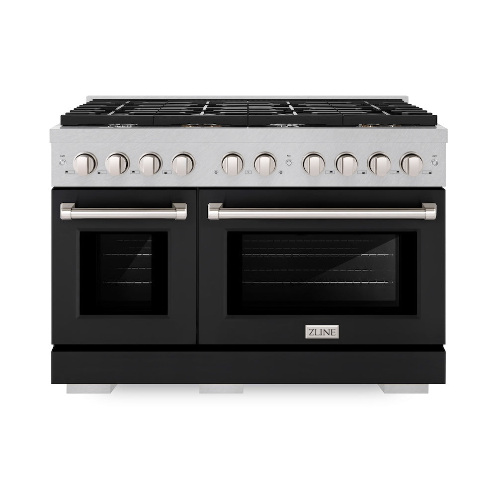 ZLINE Paramount 48-inch range in satin stainless steel with black matte door SGRS-BLM-48, front view