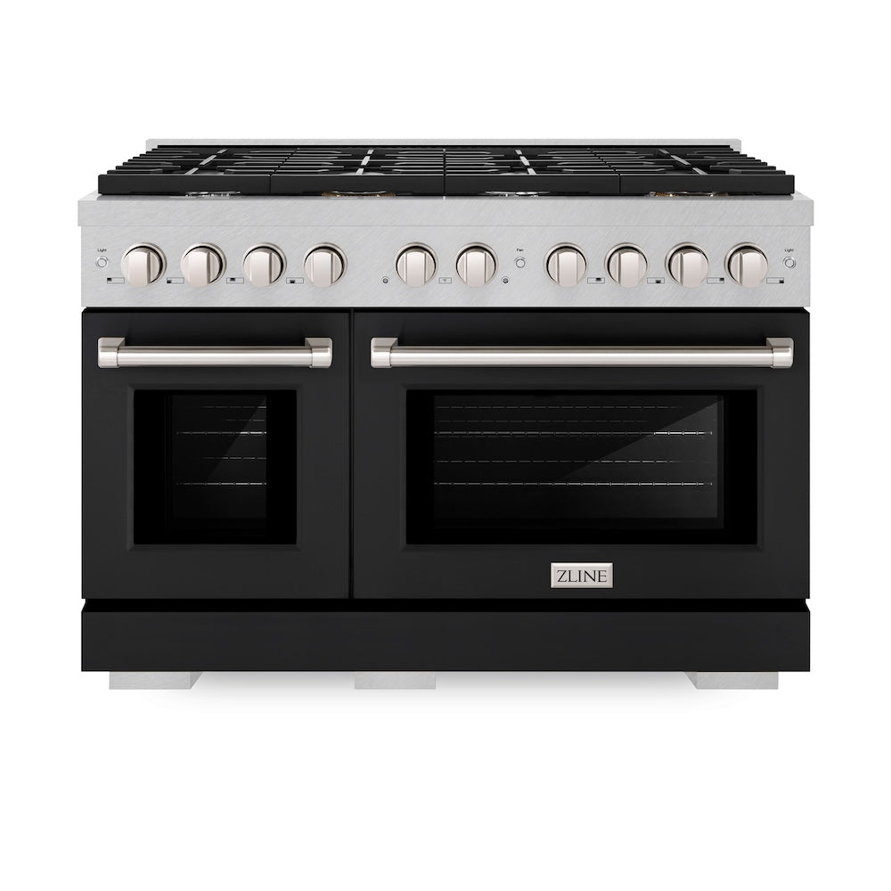 ZLINE Paramount 48-inch range in satin stainless steel with black matte door SGRS-BLM-48, front view