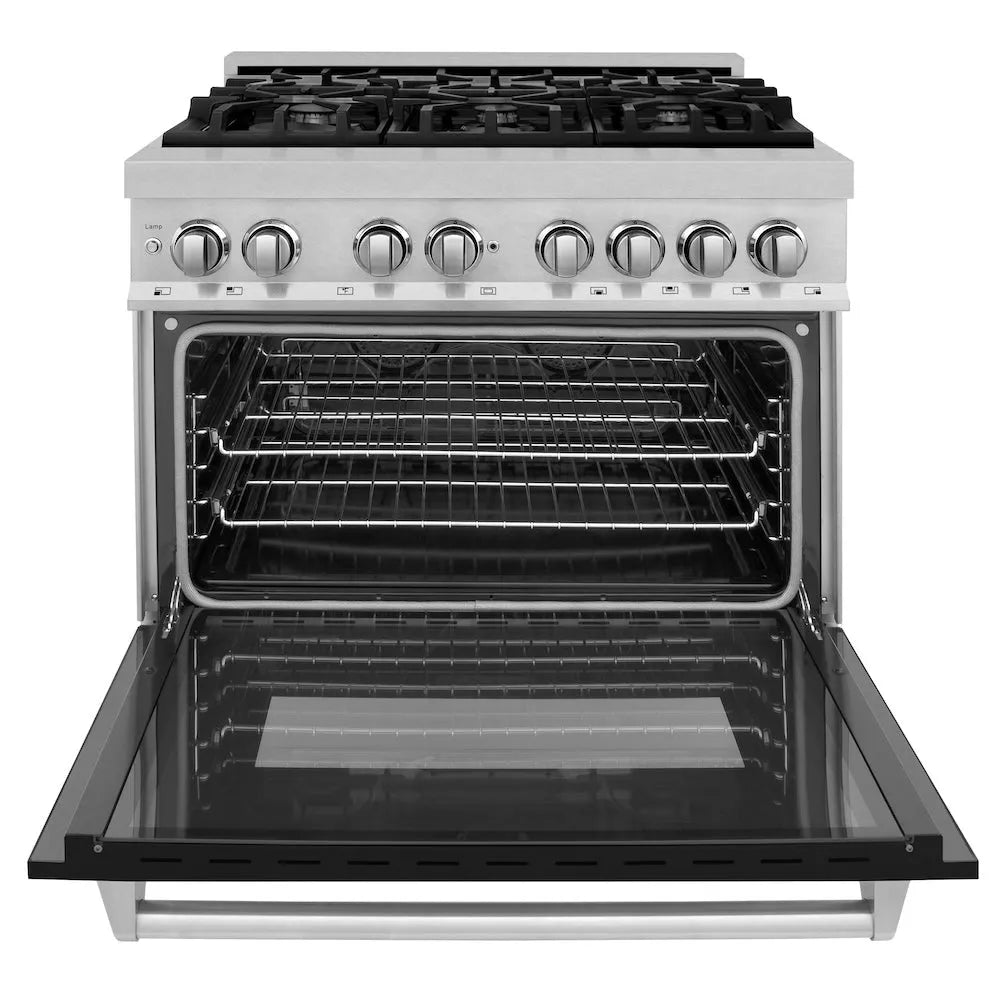 ZLINE Legacy 36-inch range in satin stainless steel with black matte door RAS-BLM-36, front view
