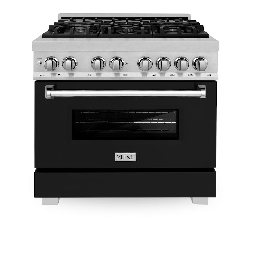 ZLINE Legacy 36-inch range in satin stainless steel with black matte door RAS-BLM-36, front view