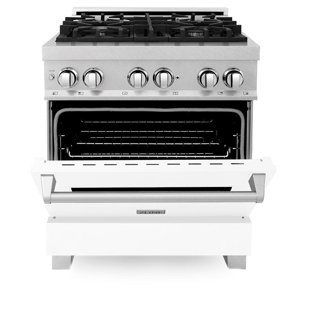 ZLINE Legacy 30-inch range in satin stainless steel with white matte door RAS-WM-30, front view