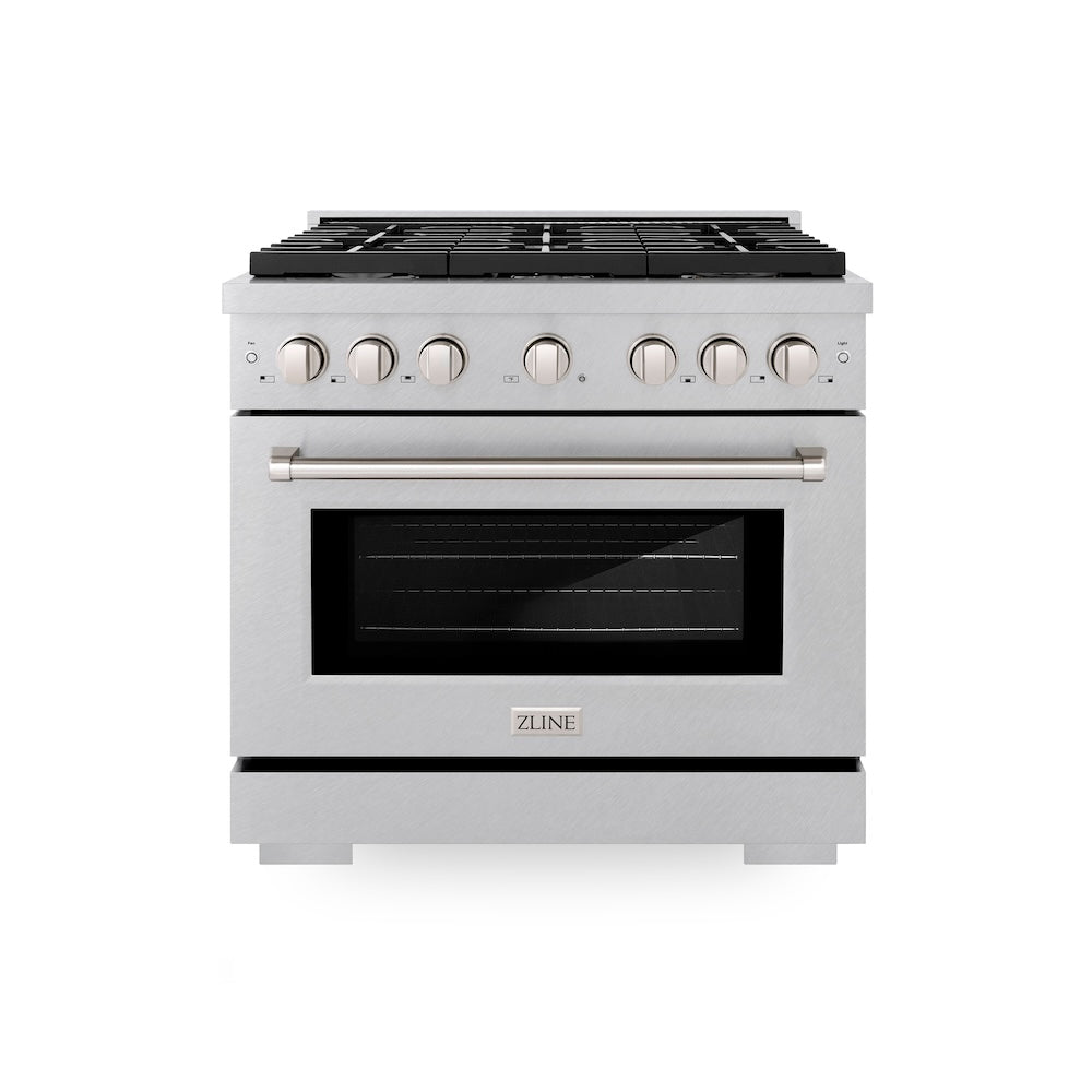 ZLINE Paramount 36-inch range in satin stainless steel SDRS-BR-36, front view