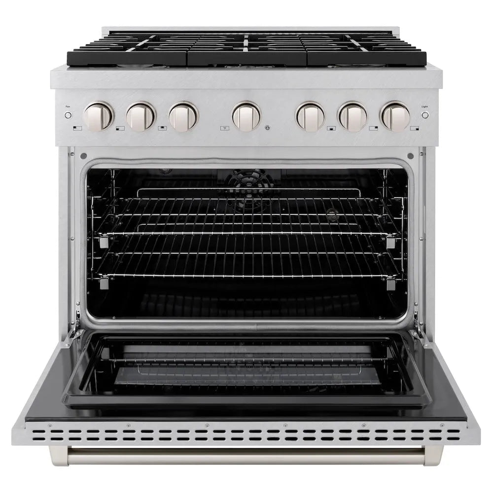 ZLINE Paramount 36-inch range in satin stainless steel SDRS-BR-36, front view
