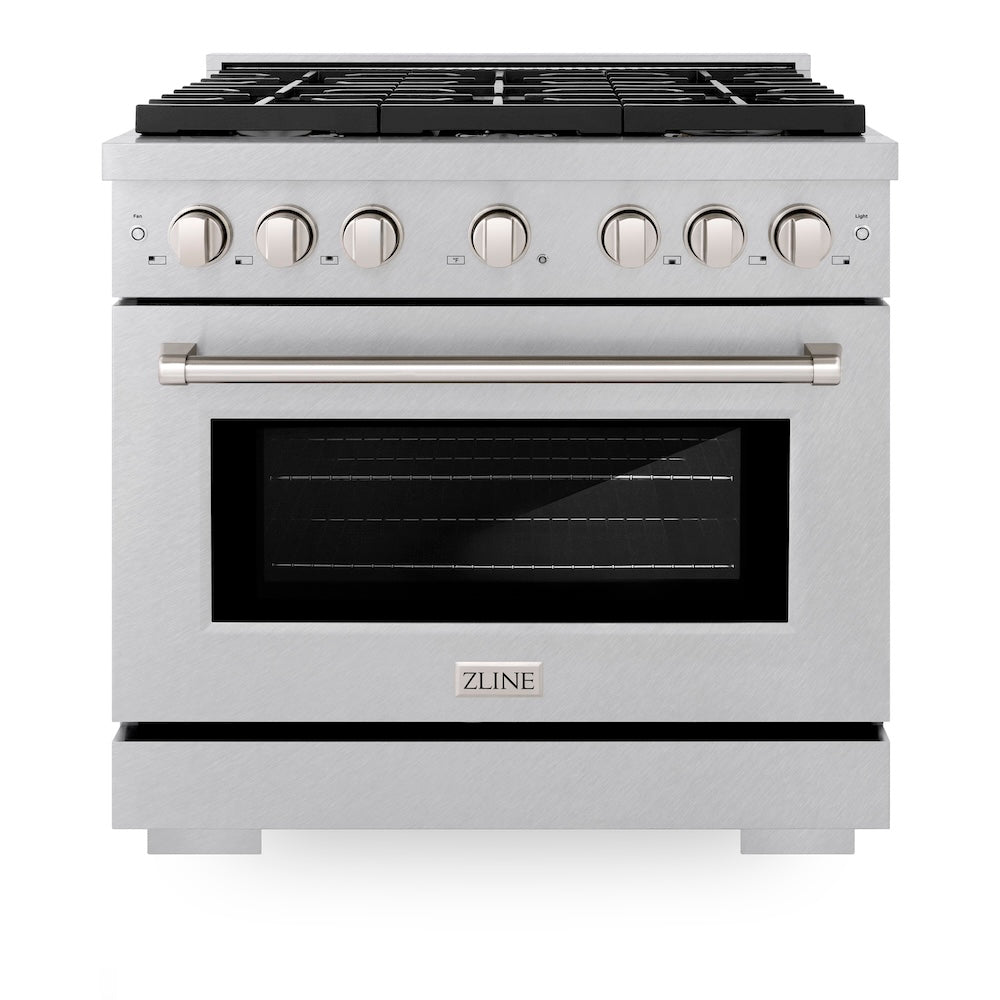 ZLINE Paramount 36-inch range in satin stainless steel SDRS-BR-36, front view