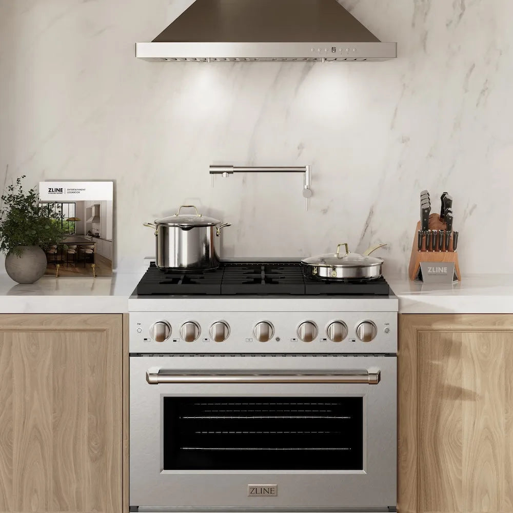 ZLINE Paramount 36-inch range in satin stainless steel SDRS-BR-36, front view