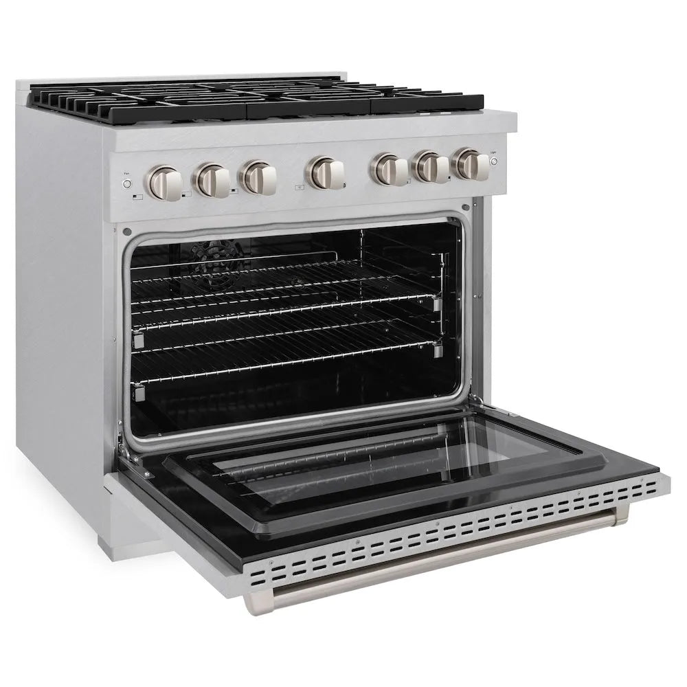 ZLINE Paramount 36-inch range in satin stainless steel SDRS-BR-36, door open