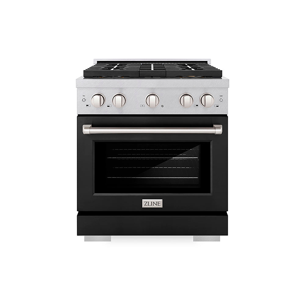 ZLINE Paramount 30-inch range in satin stainless steel with black matte door PSDRS-BLM-30, front view
