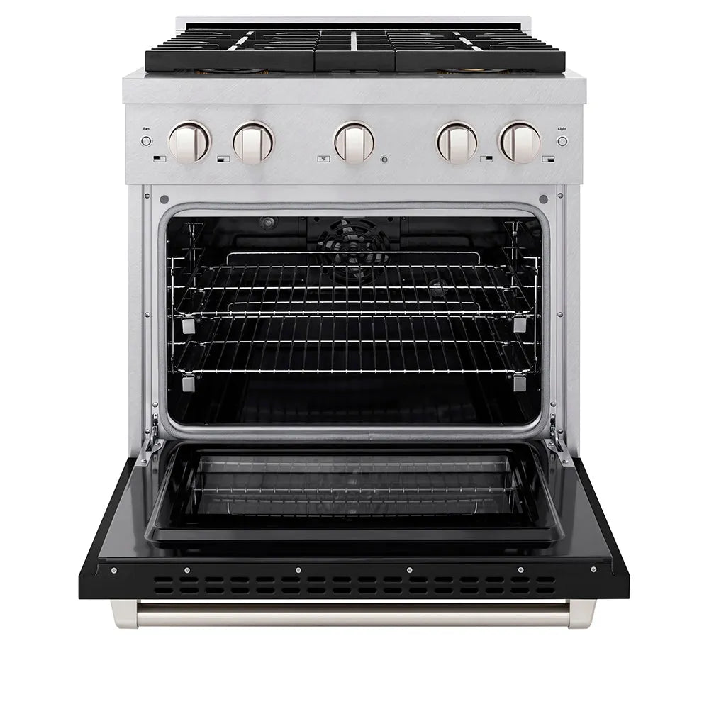 ZLINE Paramount 30-inch range in satin stainless steel with black matte door PSDRS-BLM-30, front view