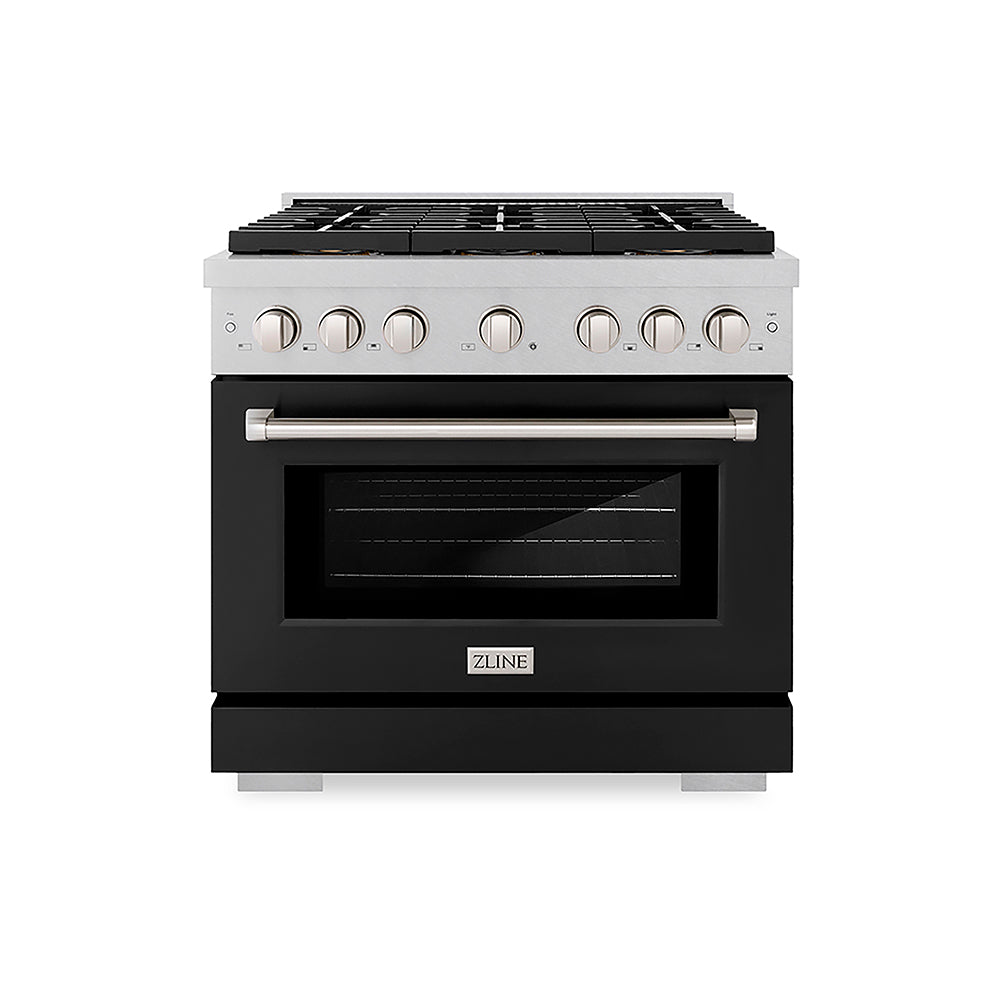 ZLINE Paramount 36-inch range in satin stainless steel with black matte door PSDRS-BLM-36, front view