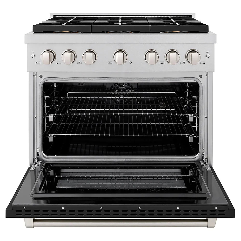 ZLINE Paramount 36-inch range in satin stainless steel with black matte door PSDRS-BLM-36, front view