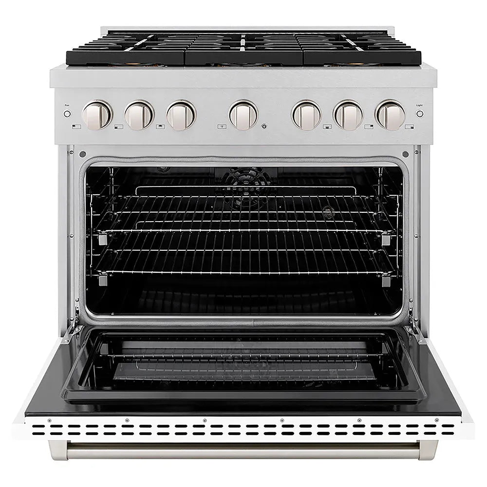 ZLINE Paramount 36-inch range in satin stainless steel with white matte door PSDRS-WM-36, front view