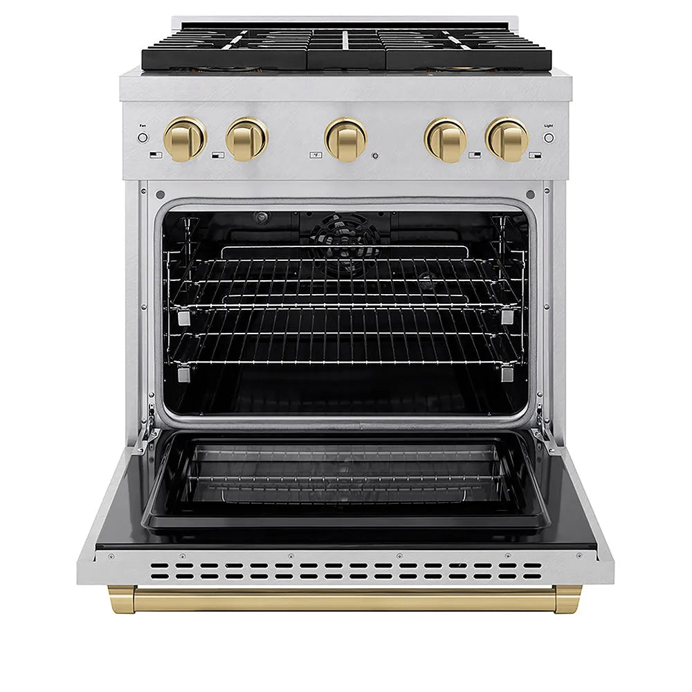 ZLINE Autograph Edition Paramount 30-inch range in satin stainless steel and champagne bronze accents PSDRSZ-30-CB, front view
