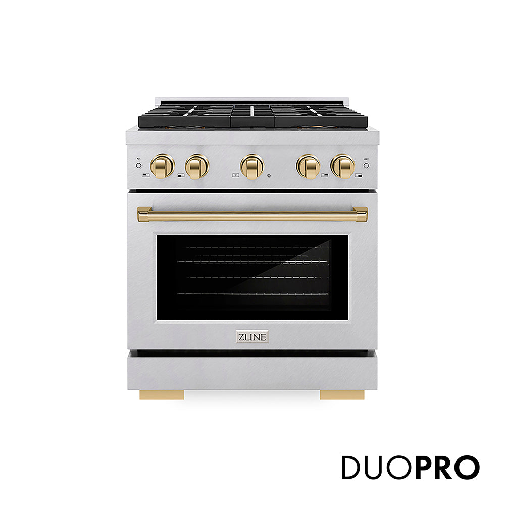 ZLINE Autograph Edition Paramount 30-inch range in satin stainless steel and polished gold accents PSDRSZ-30-G