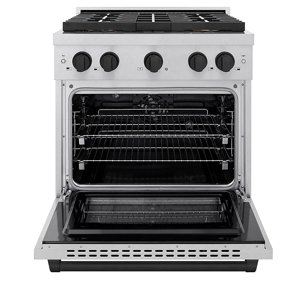 ZLINE Autograph Edition Paramount 30-inch range in satin stainless steel and matte black accents PSDRSZ-30-MB, front view