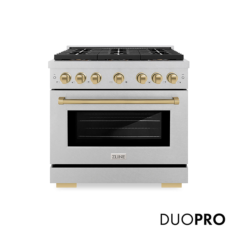 ZLINE Autograph Edition Paramount 36-inch range in satin stainless steel and champagne bronze accents PSDRSZ-36-CB