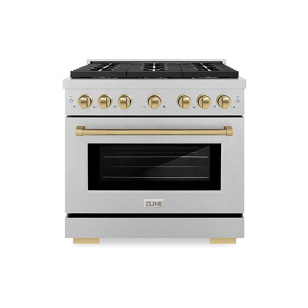 ZLINE Autograph Edition Paramount 36-inch range in satin stainless steel and champagne bronze accents PSDRSZ-36-CB, front view