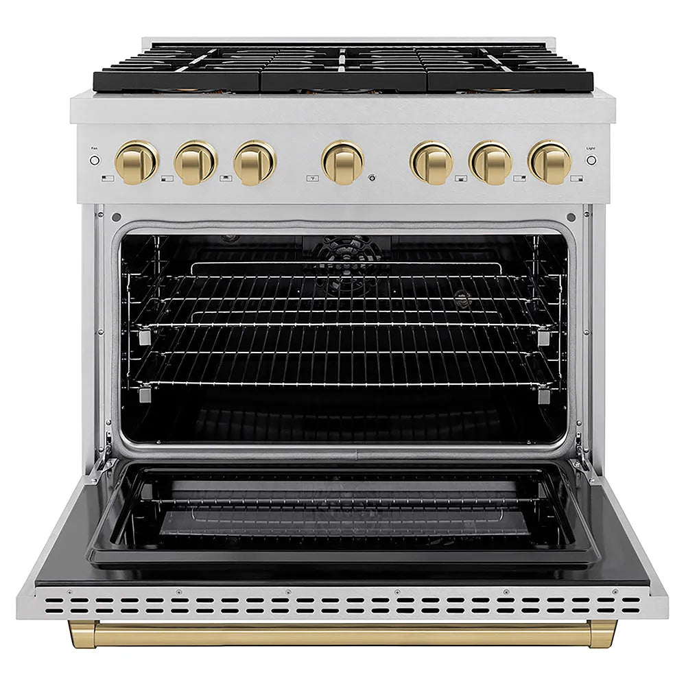 ZLINE Autograph Edition Paramount 36-inch range in satin stainless steel and champagne bronze accents PSDRSZ-36-CB, front view