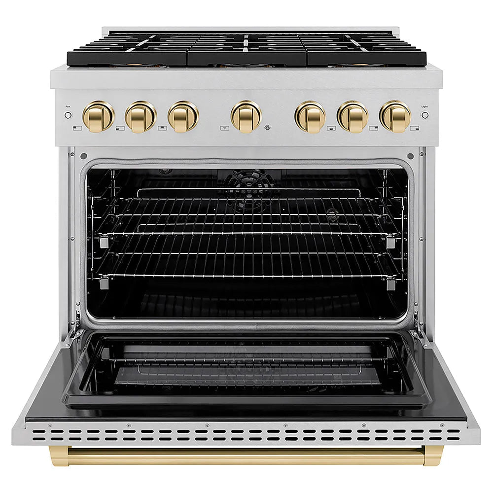ZLINE Autograph Edition Paramount 36-inch range in satin stainless steel and polished gold accents PSDRSZ-36-G, front view